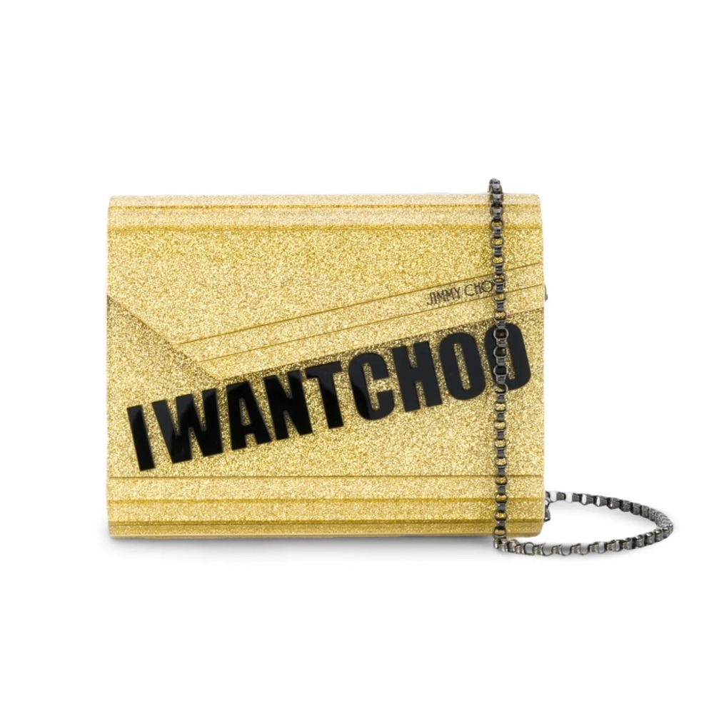 Jimmy Choo Candy “I Want Choo” Gold Glitter Crossbody Clutch Bag